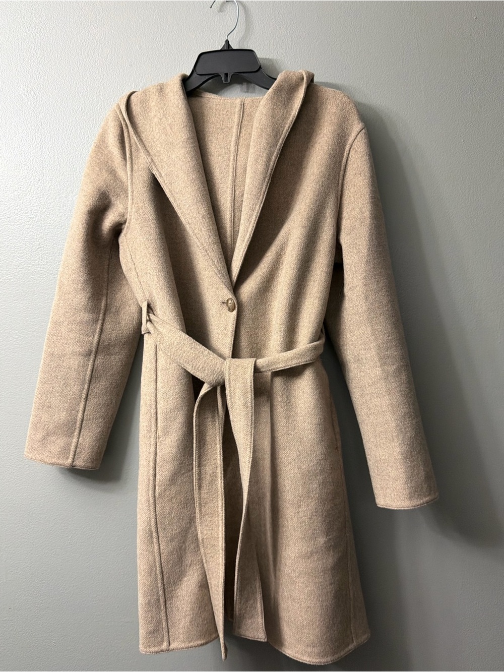 uniqlo tan button front belted  hooded coat Womens Belted Wool-Blend large - Picture 3 of 6